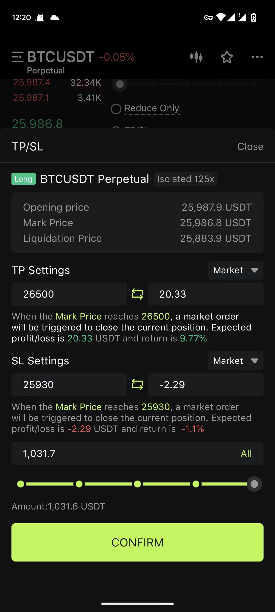 تنظیم سفارش TP/SL پوزیشنهای اپلیکیشن Bitunix