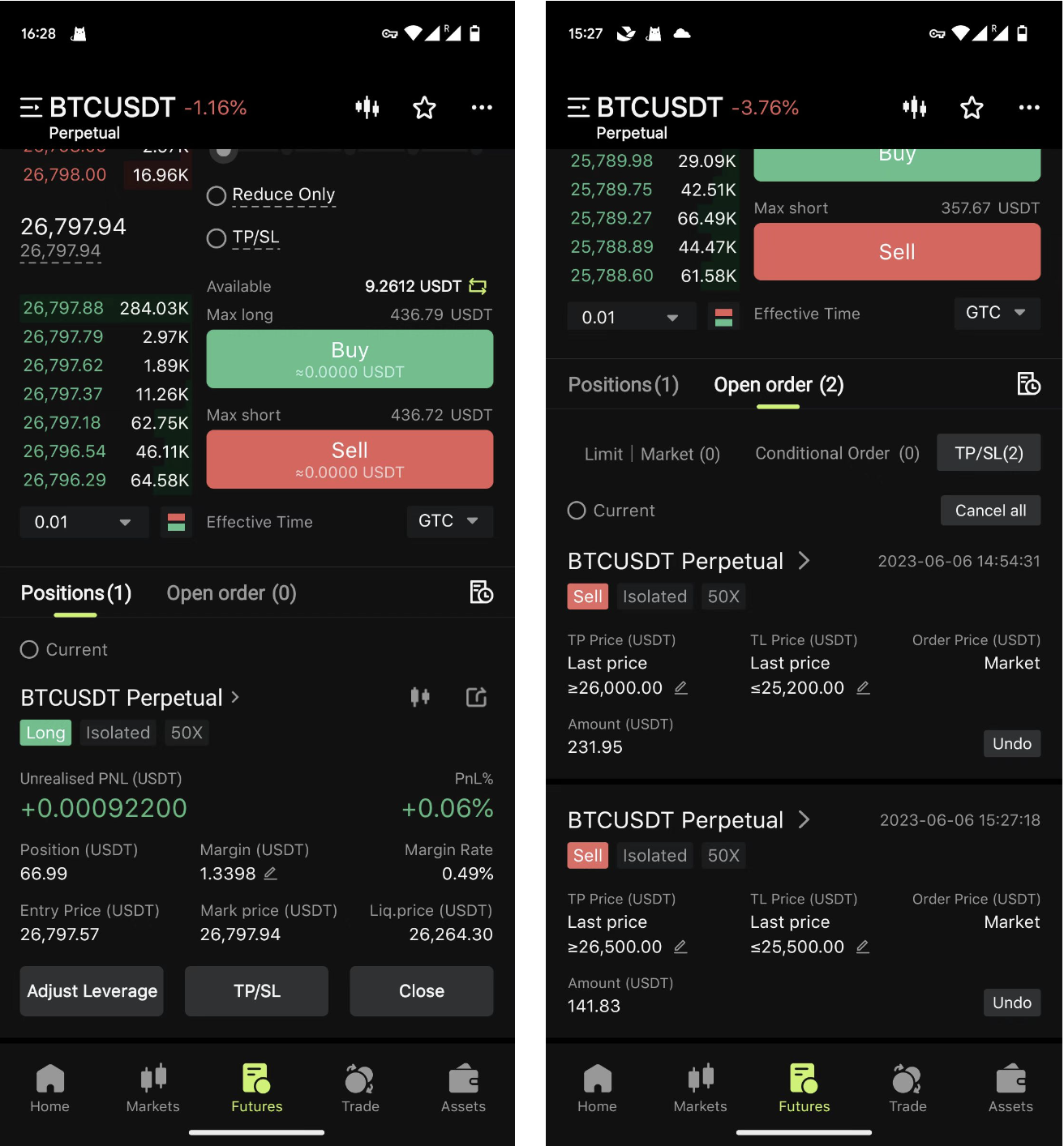 تنظیم سفارش TP/SL پوزیشنهای اپلیکیشن Bitunix